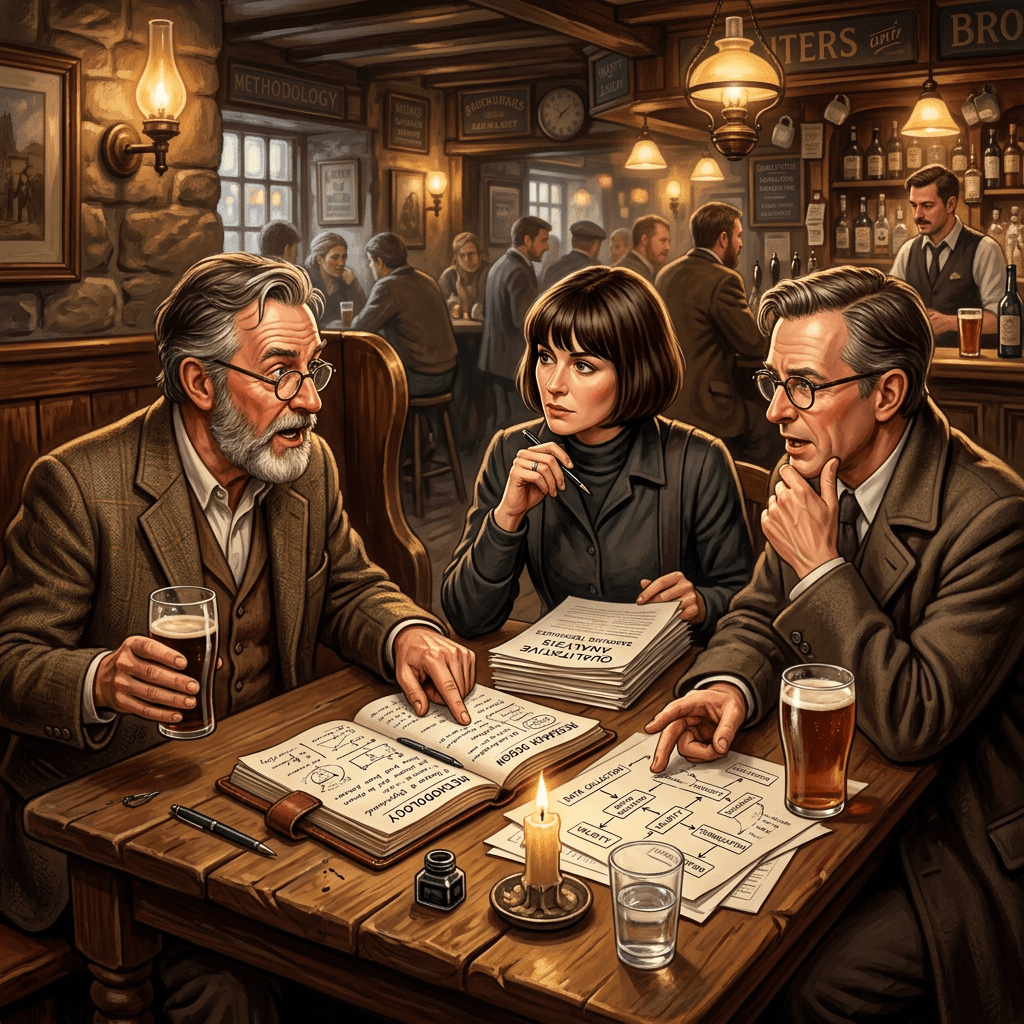 Three people in old-fashioned pub discussing methodology