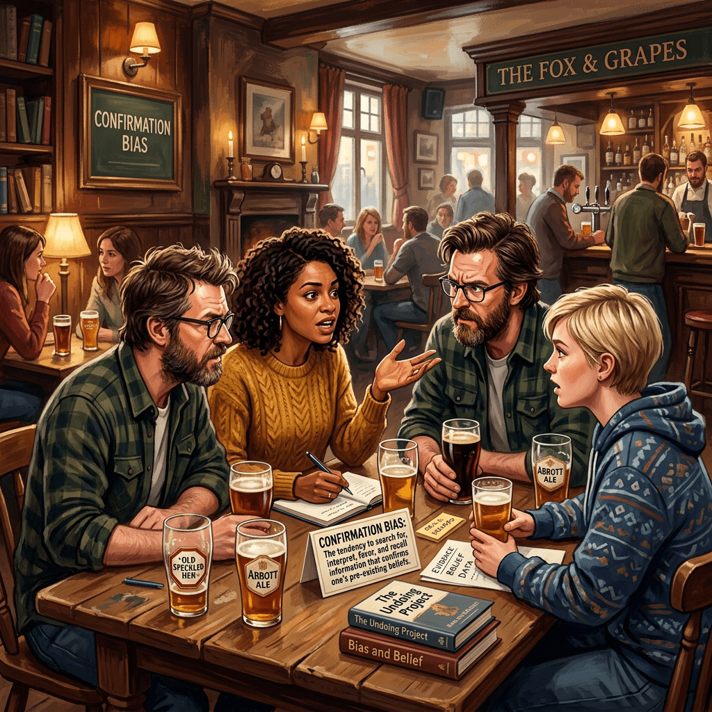Four people engaged in conversation about confirmation bias at a pub table with drinks and books
