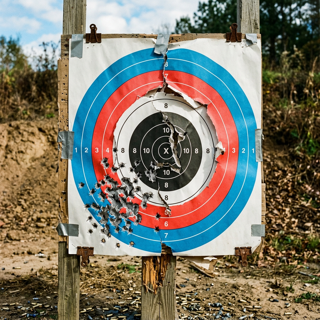 Archery target with concentric blue, red, white, and black rings showing many bullet holes and tears